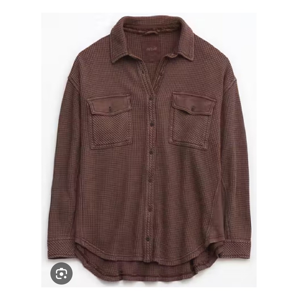 Aerie Waffle Knit Shacket Brown Button Down Shirt Jacket Small Oversized Pockets
